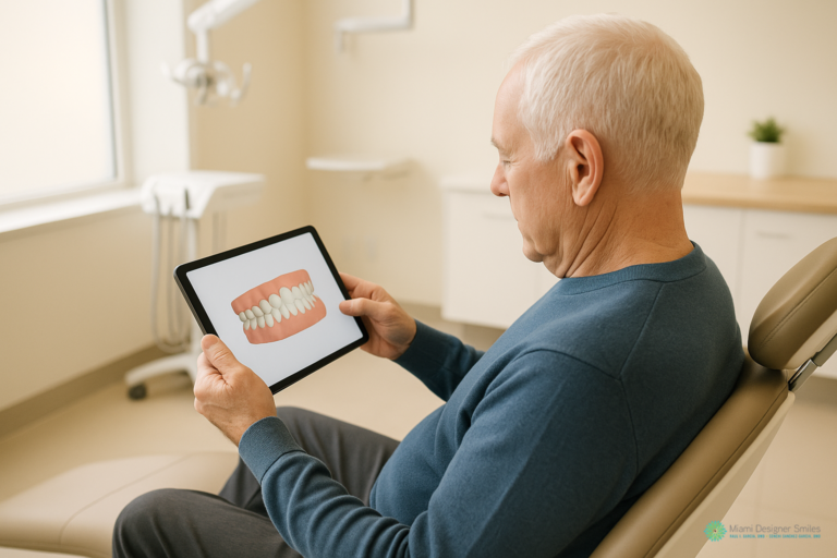 Un hombre mayor está sentado en el sillón de una consulta dental, sosteniendo una tableta en la que se ve una ilustración de dientes y encías.