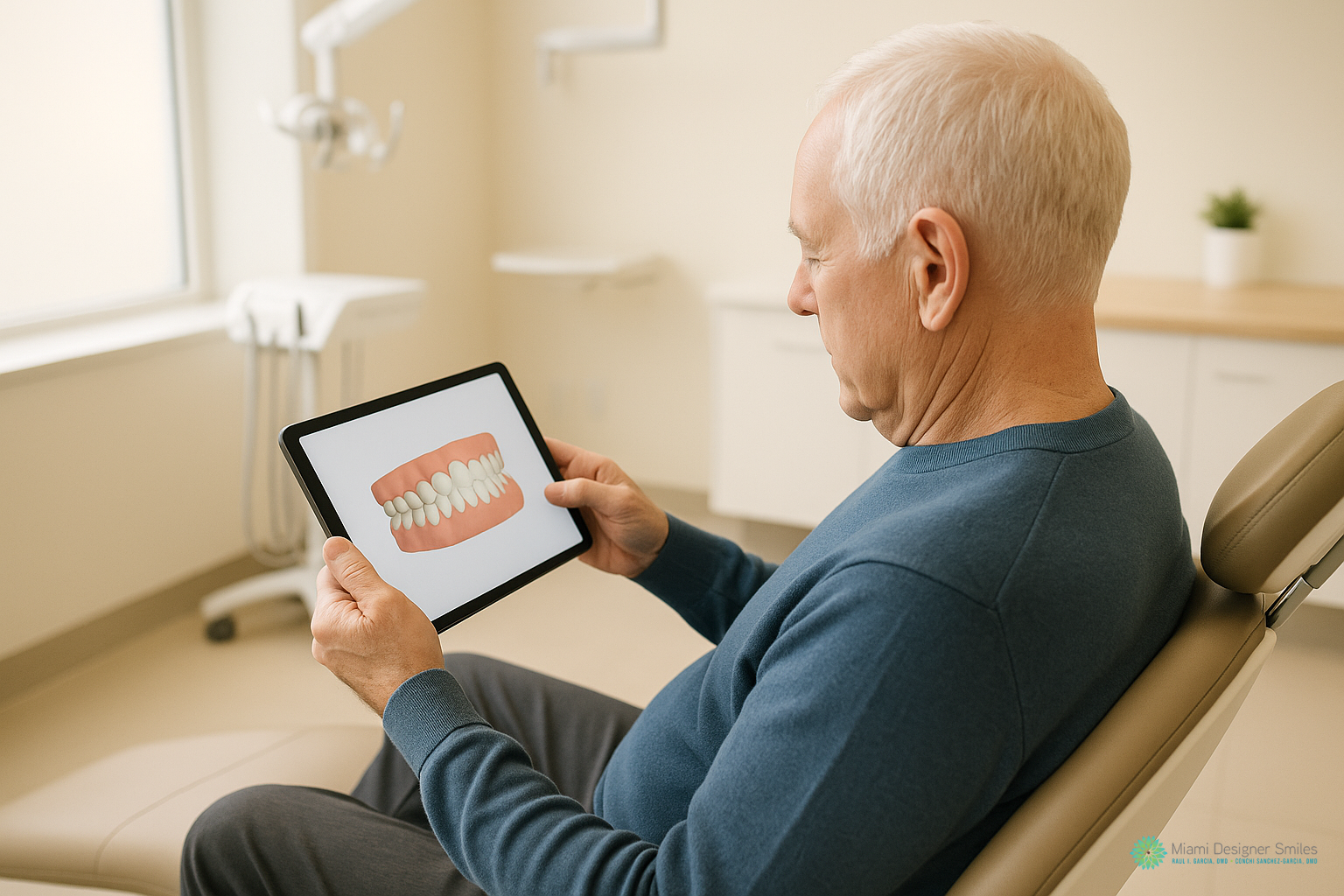 An older man sits in a dental office chair, holding a tablet that displays an illustration of a set of teeth, highlighting the differences between Invisalign vs traditional braces.