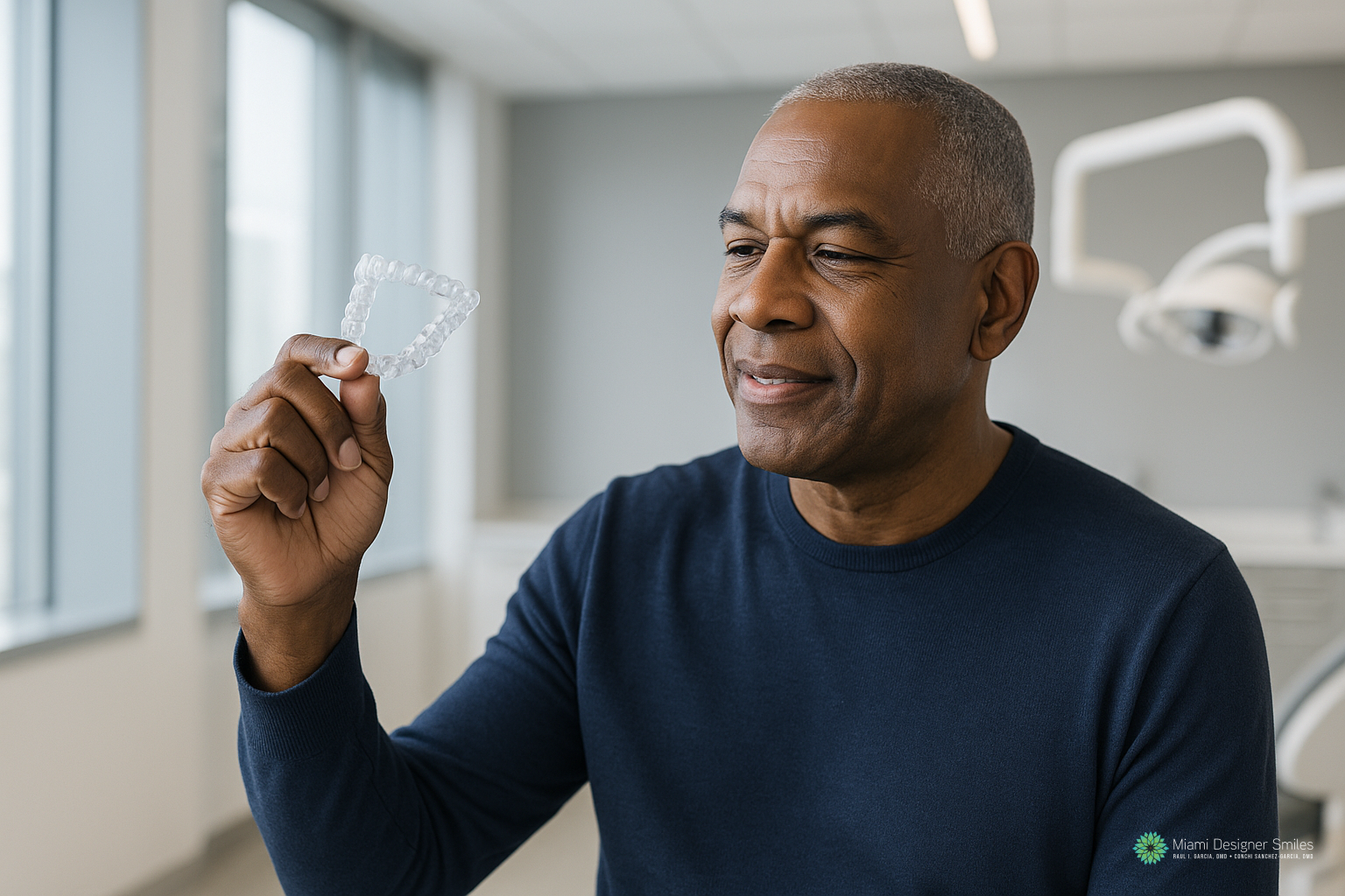A man in a navy shirt holds a clear dental aligner and looks at it while standing in a bright dental office, thoughtfully considering invisalign vs traditional braces.
