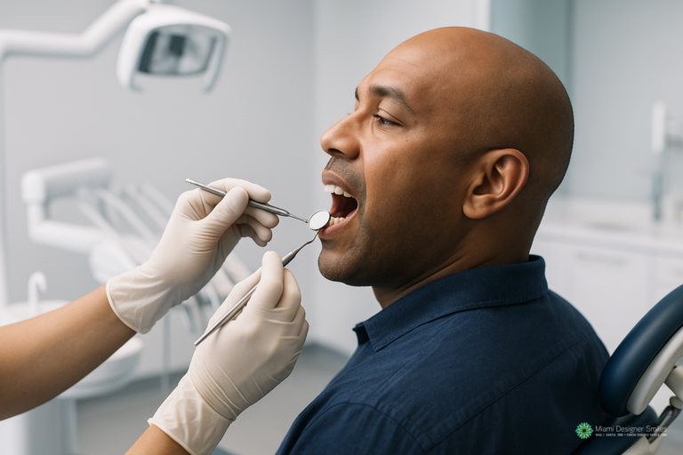 A dentist wearing gloves examines a seated man’s open mouth with dental tools in a modern dental office, specializing in affordable dentures in Miami.