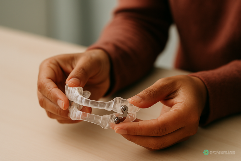 Person holding a clear dental appliance with metal hinges—an example of obstructive sleep apnea solutions—used for oral treatment, over a light-colored table.