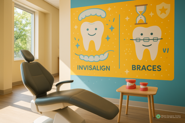 A dental office with an exam chair and a wall display comparing Invisalign vs traditional braces, along with dental models on a small table.