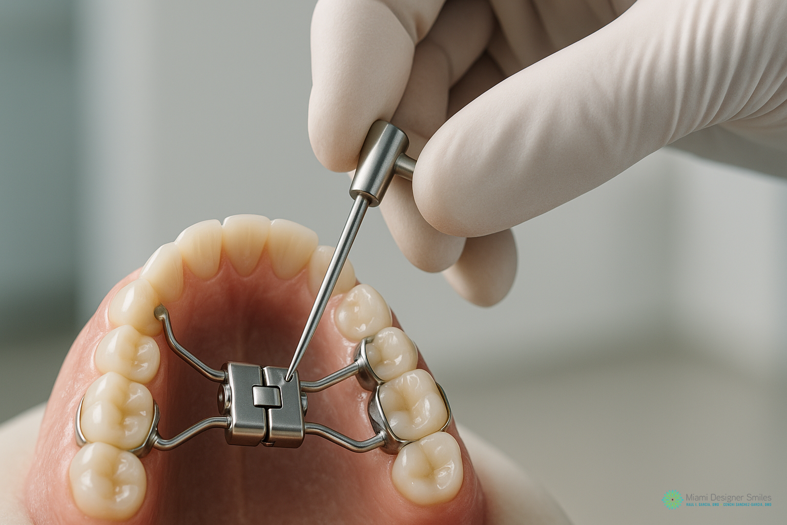 A gloved hand adjusts a dental palate expander device inside a patient’s open mouth, focusing on upper teeth and gums, illustrating the MARPE technique for jaw expansion.