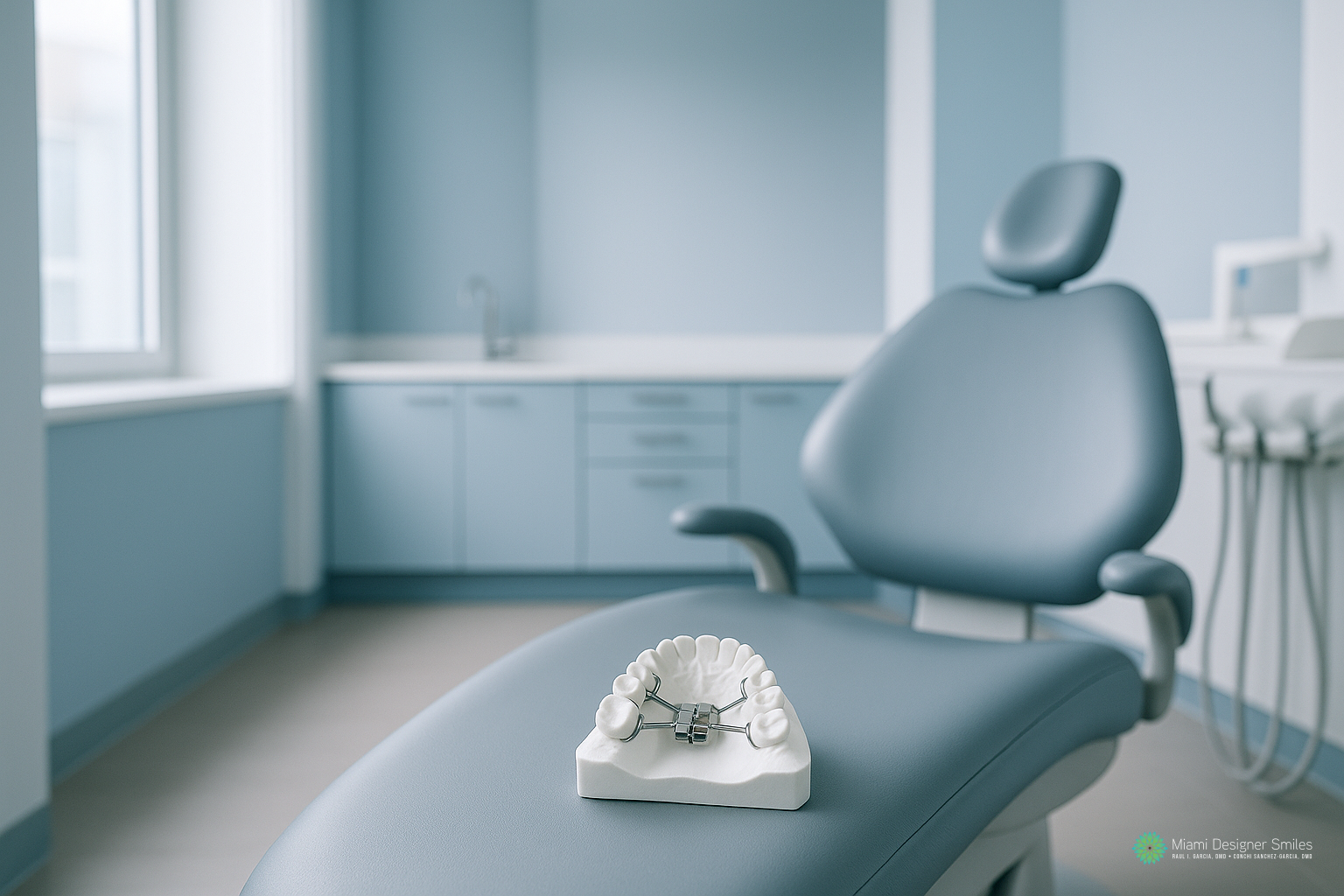 A dental model with an orthodontic appliance, demonstrating the MARPE technique for jaw expansion, sits on a dentist’s chair in a clean, modern dental office with blue and white decor.