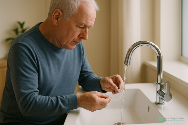 An older man cleans a clear dental retainer under running water at a kitchen sink, perhaps reflecting on his experience with Invisalign vs traditional braces.