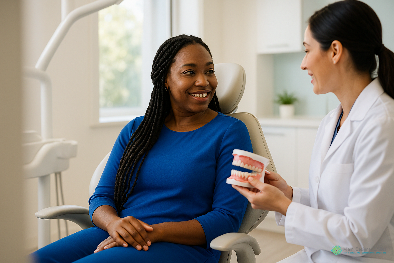 Un dentista le muestra un modelo dental a un paciente que está sentado en un sillón dental. Ambos sonríen, y el escenario parece ser una consulta dental moderna.