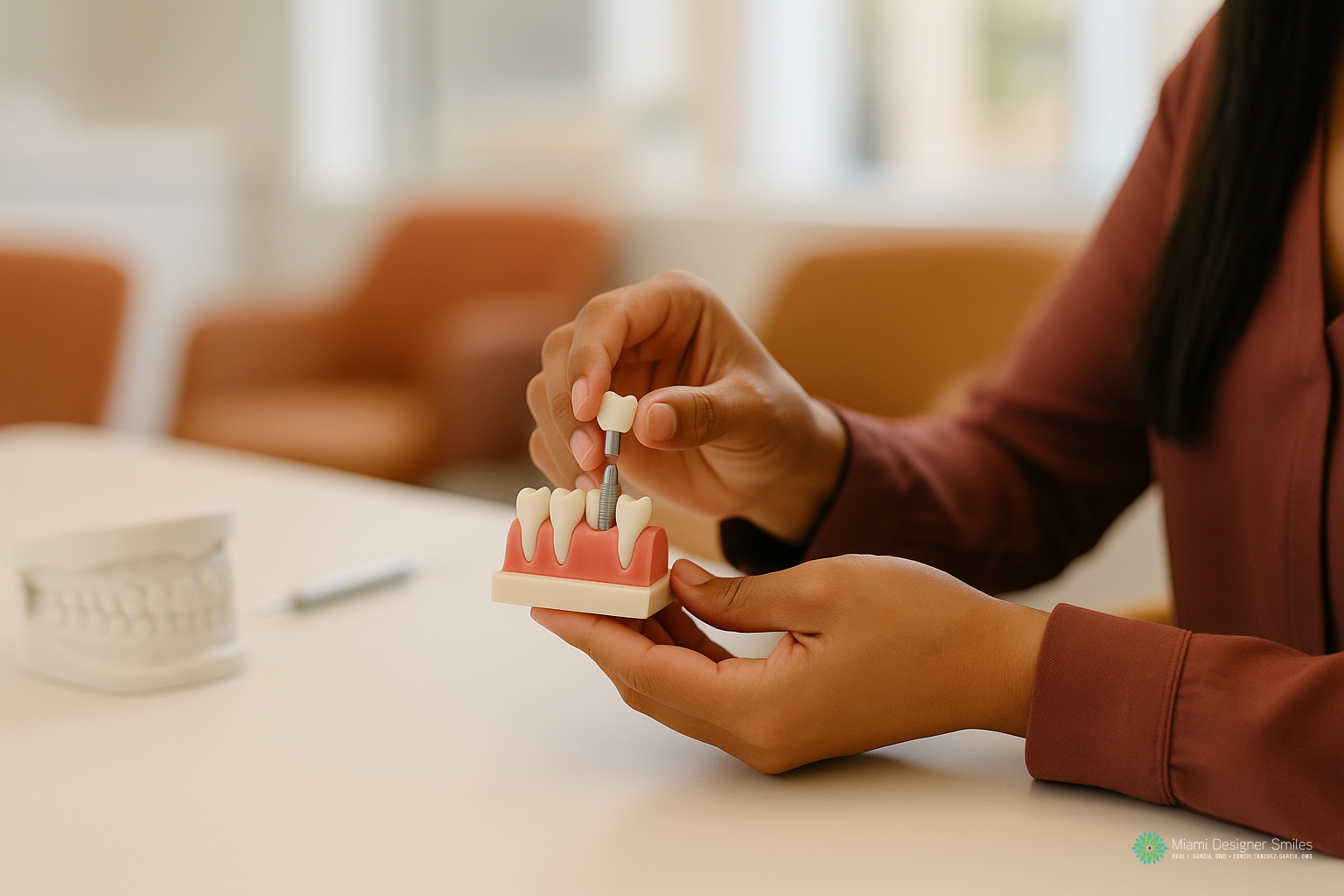 A person demonstrates placing a dental crown on a model of dental implants, showcasing some of the best dental implant options available, with another dental model and a pen on the table in the background.