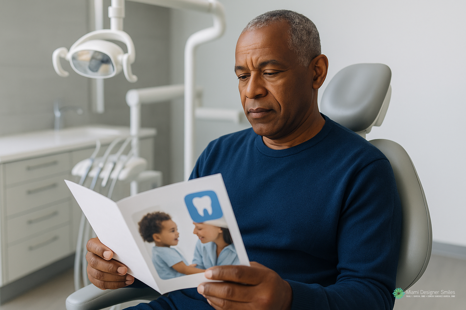 A man sits in a dental office chair reading a pamphlet featuring an image of children and a tooth icon, with dental equipment visible in the background—reflecting the welcoming atmosphere of a Miami family dentist.