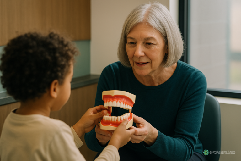 An older woman shows a young child a large model of teeth and gums in a dental office, where patients can also learn about affordable dentures in Miami.