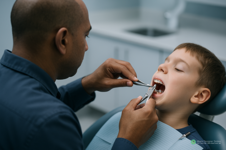 A dentist examines a young boy’s open mouth using dental tools in a clinic setting, highlighting the importance of orthodontics for children.