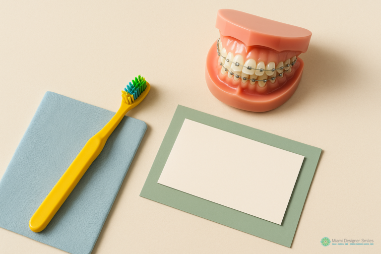 A yellow toothbrush, a dental model with braces emphasizing orthodontics for children, and a blank rectangular card are arranged on a tan background.