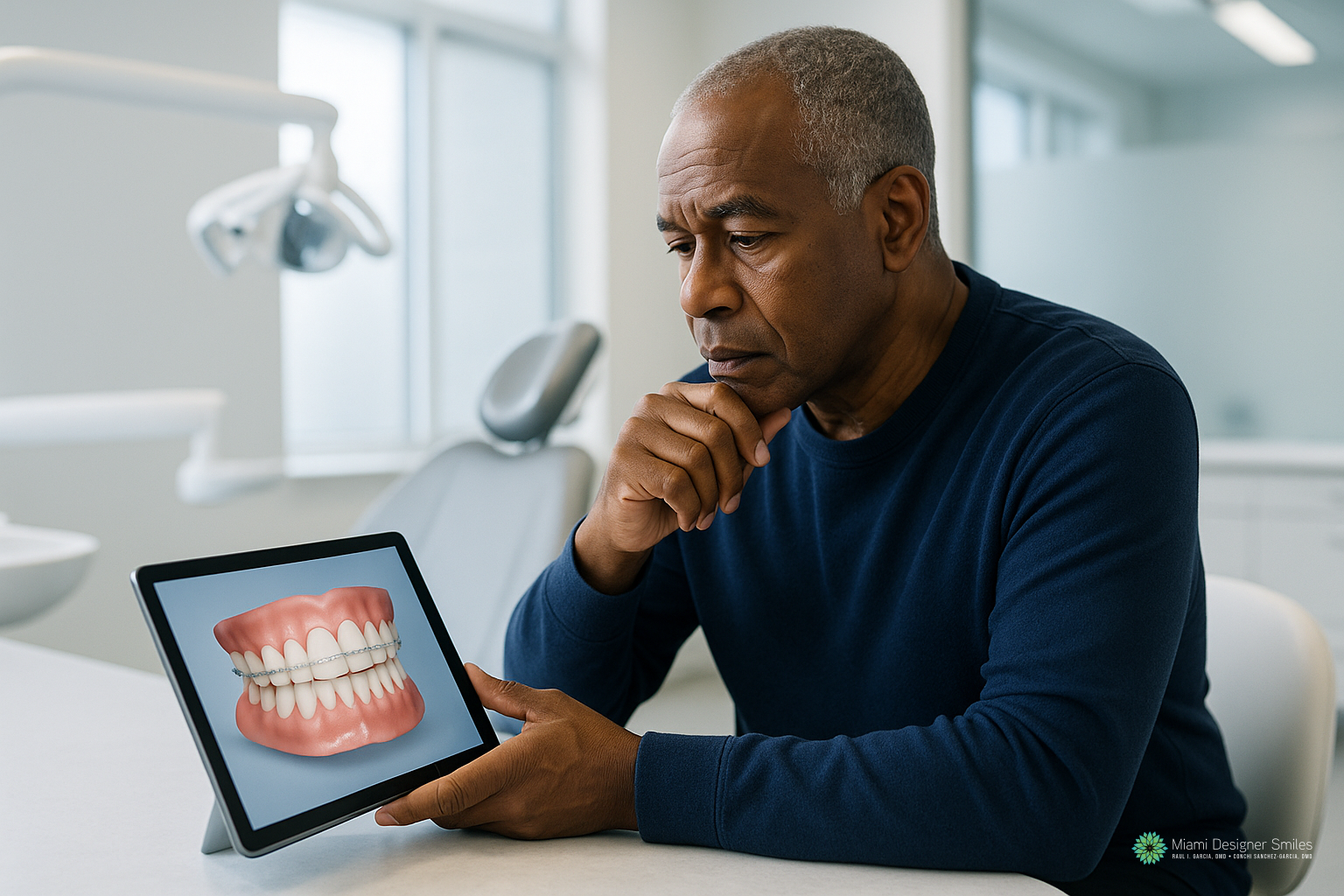 Un hombre está sentado en una consulta dental, mirando con atención una tableta en la que se ve una imagen en 3D de los dientes y las encías humanas.