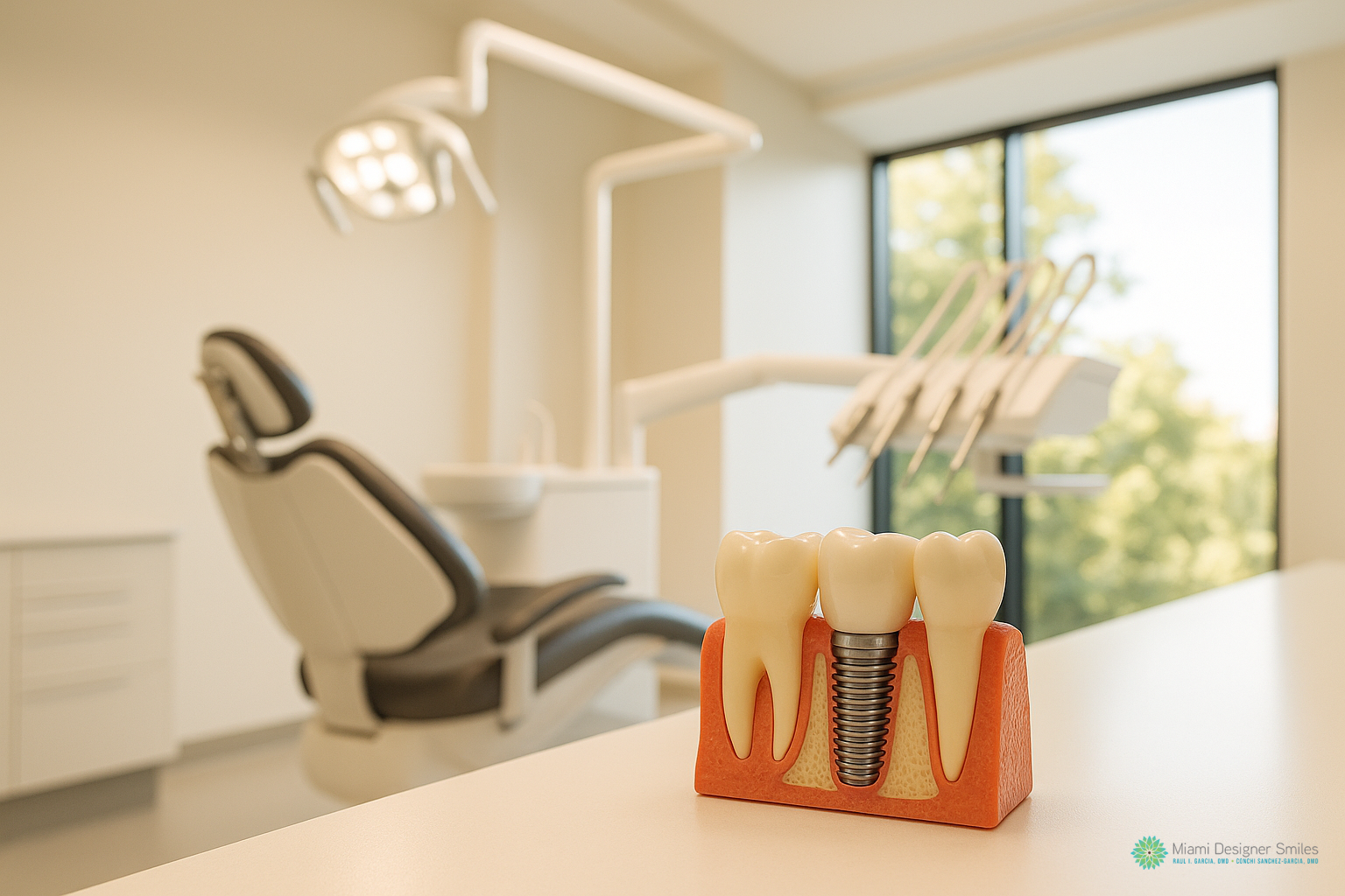 A dental implant model with teeth is displayed on a counter in a bright, modern dental office with a chair and equipment in the background, showcasing some of the best dental implant options available to patients.