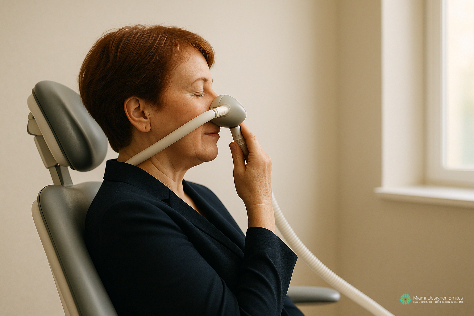A woman sits in a dental chair with a nasal mask on her face, likely receiving nitrous oxide sedation, in the welcoming and well-lit examination room of a Miami family dentist.
