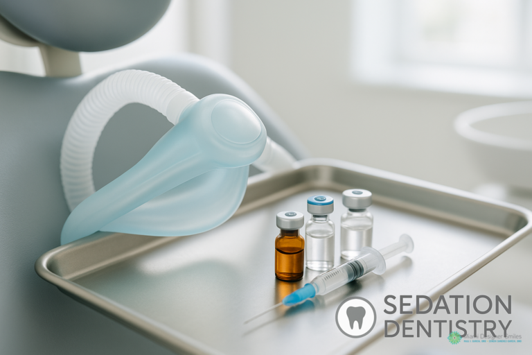 Dental sedation mask, medicine vials, and a syringe on a metal tray in a clinic setting—ideal for ensuring new patient comfort; logo text reads “Sedation Dentistry” at the bottom right.