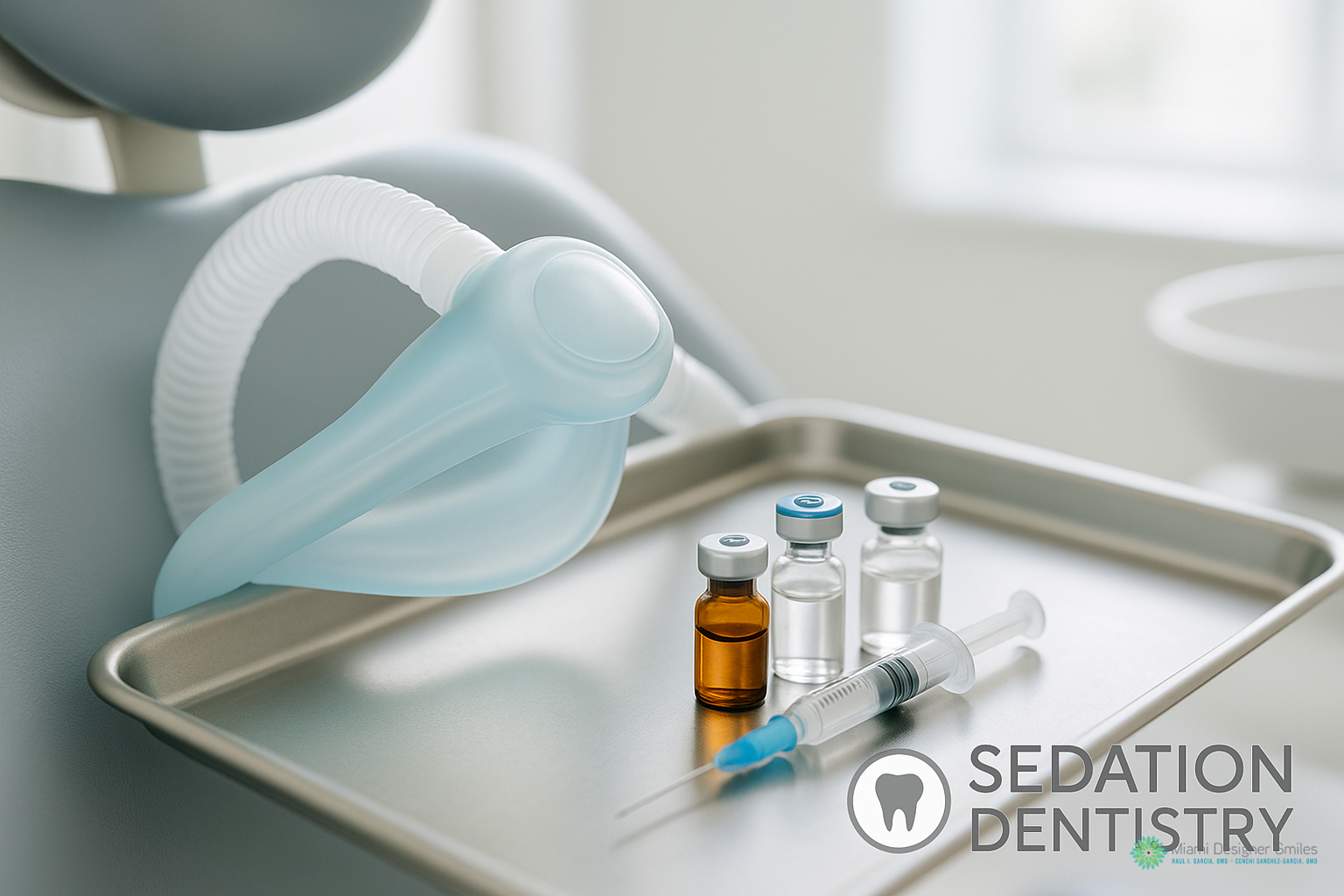 Dental sedation mask, medicine vials, and a syringe on a metal tray in a clinic setting—ideal for ensuring new patient comfort; logo text reads “Sedation Dentistry” at the bottom right.