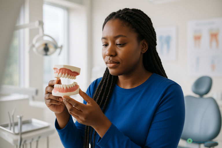 A woman in a blue shirt holds and examines a model of human teeth in a dental office setting, illustrating options for affordable dentures in Miami.