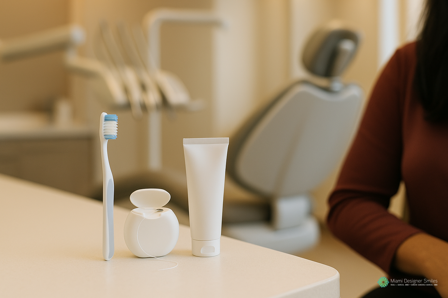A toothbrush, dental floss, and toothpaste tube on a counter in a dental office, ready for a new patient, with a dental chair and a person’s arm visible in the background.