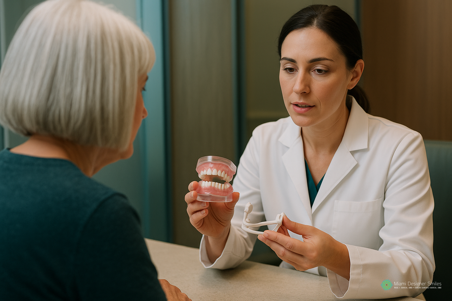 A dentist explains dental implants to a patient, holding a jaw model and implant demonstration tool at a consultation table, while also discussing how dental treatments can complement obstructive sleep apnea solutions.
