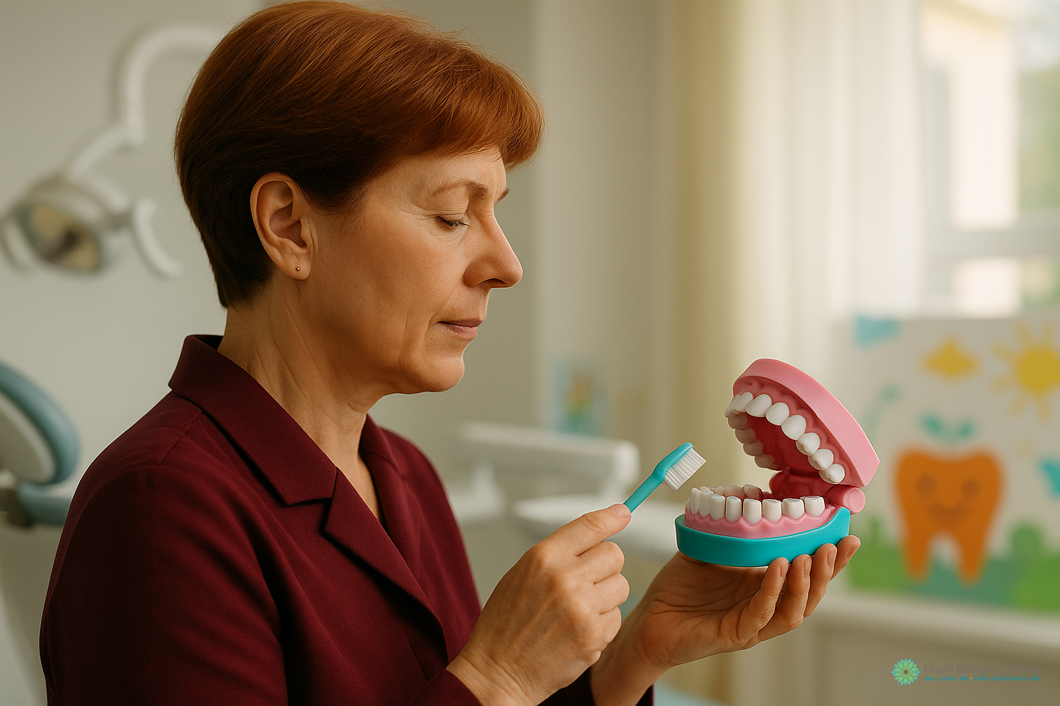 A Miami family dentist in a burgundy jacket demonstrates tooth brushing on a large plastic dental model with a toothbrush in a dental office.
