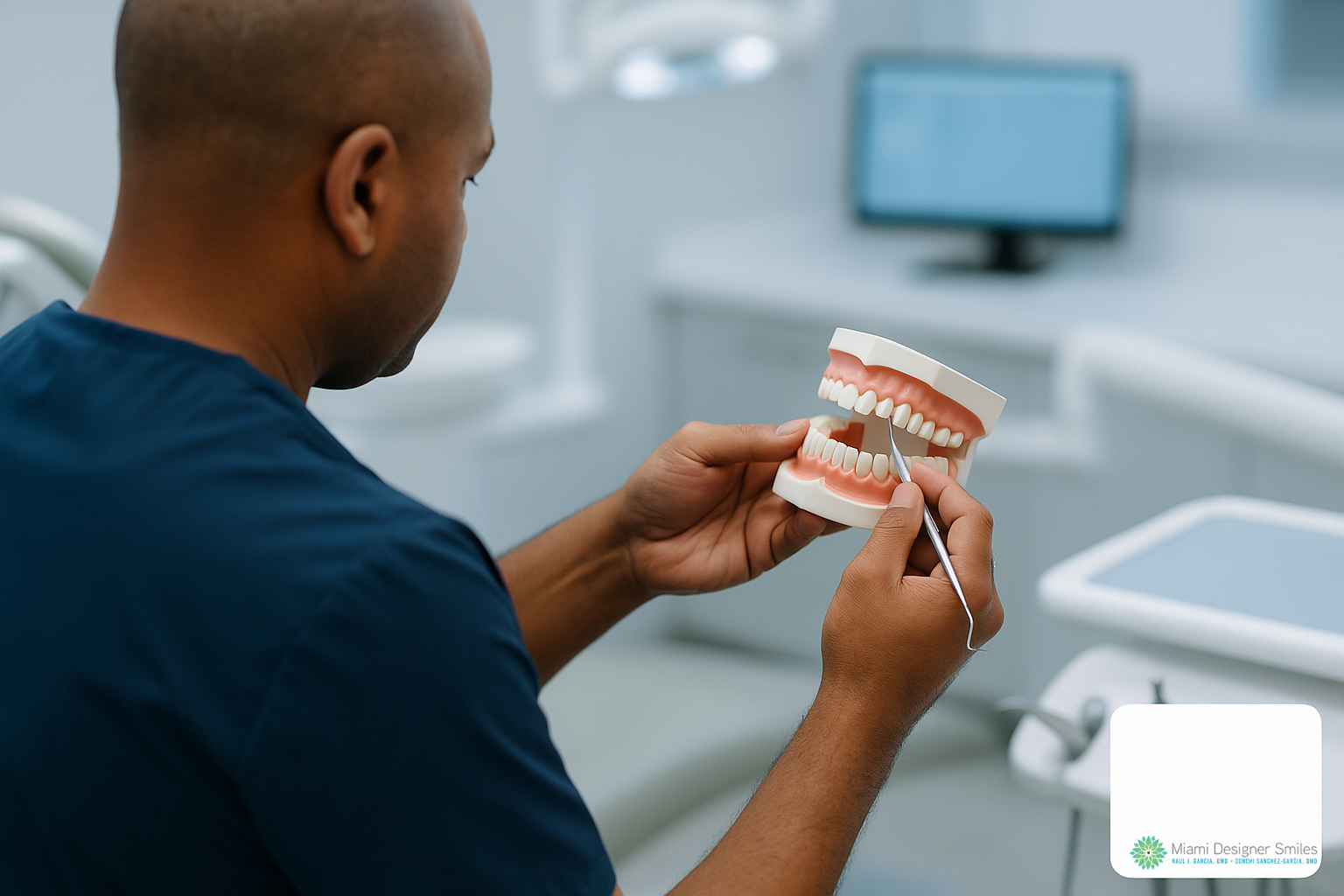 A Miami family dentist holds a plastic dental model and a metal probe in a clinical office.