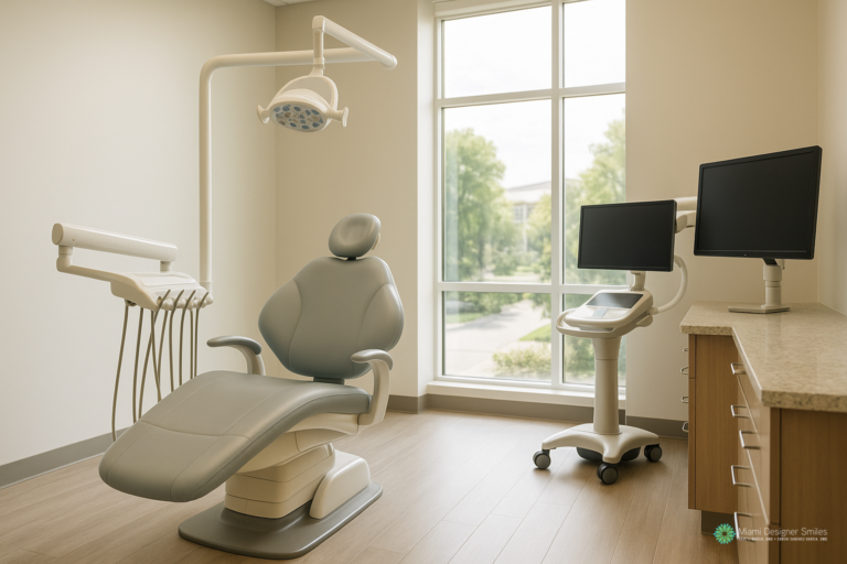 Dental exam chair and monitors in an orthodontics for children clinic room with a window view.