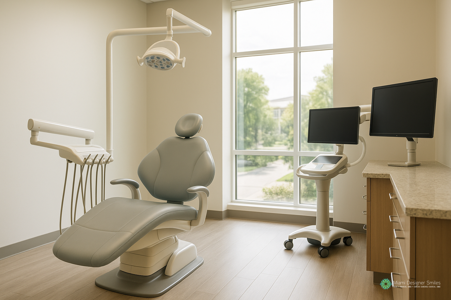 Dental exam chair and monitors in an orthodontics for children clinic room with a window view.