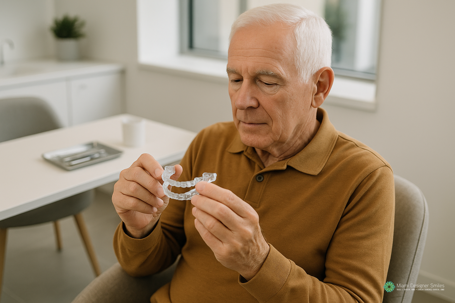 An older man in a brown shirt sits at a table, looking closely at a clear dental aligner—one of the latest obstructive sleep apnea solutions.
