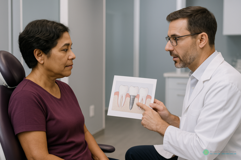 A dentist in a white coat shows a diagram of the best dental implant options to a seated patient during a consultation in a clinic.