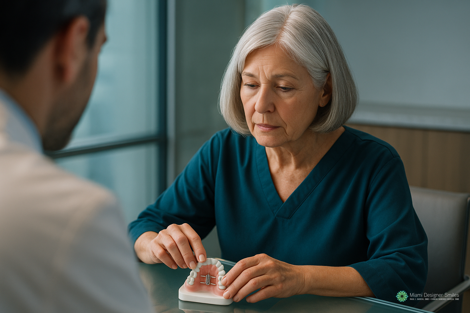 Older woman examines a dental model with implants while discussing the MARPE technique for jaw expansion with her dentist in an office.