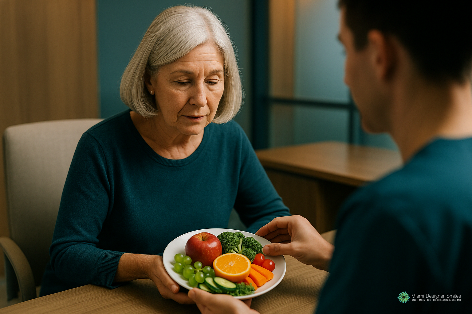 A Miami family dentist hands a plate of fresh fruits and vegetables to an older woman.