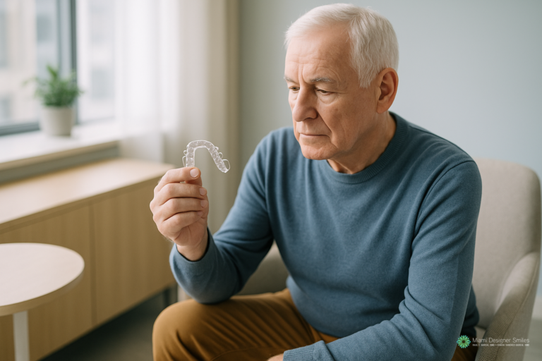 An older man sitting in a chair holding a clear plastic dental aligner used in the MARPE technique for jaw expansion.