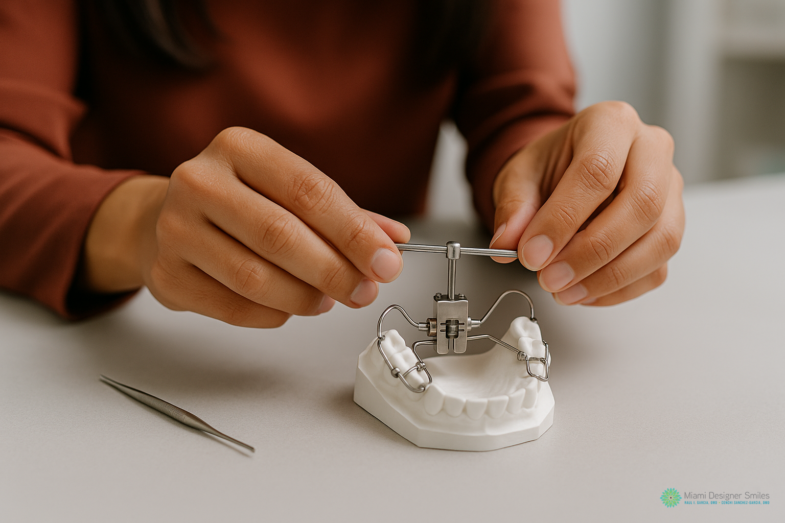 Hands adjust a metal palatal expander appliance for the MARPE technique, positioned on a dental model of teeth.