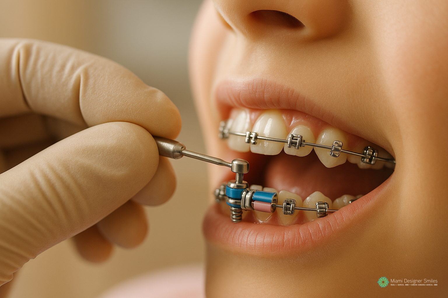 An orthodontist uses a dental tool to adjust a child’s metal braces.