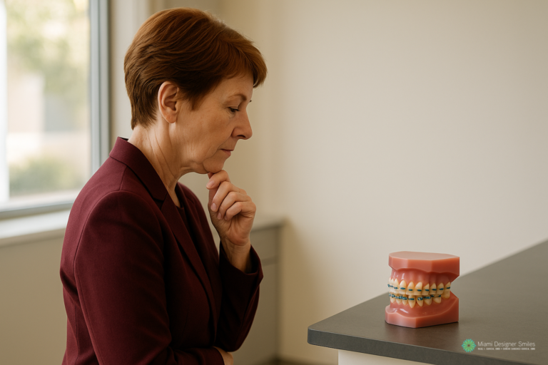 Una mujer que observa un modelo dental con aparatos ortodónticos sobre una mesa.
