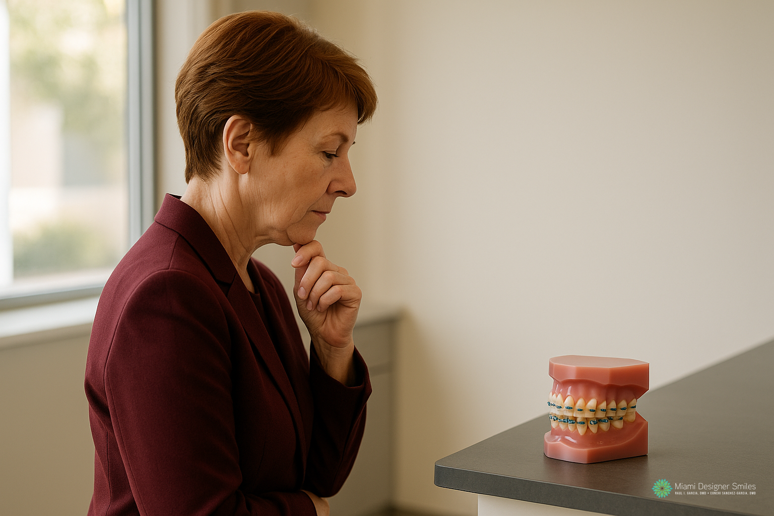 A woman in a maroon blazer examines a model of teeth with braces, illustrating orthodontics for children.