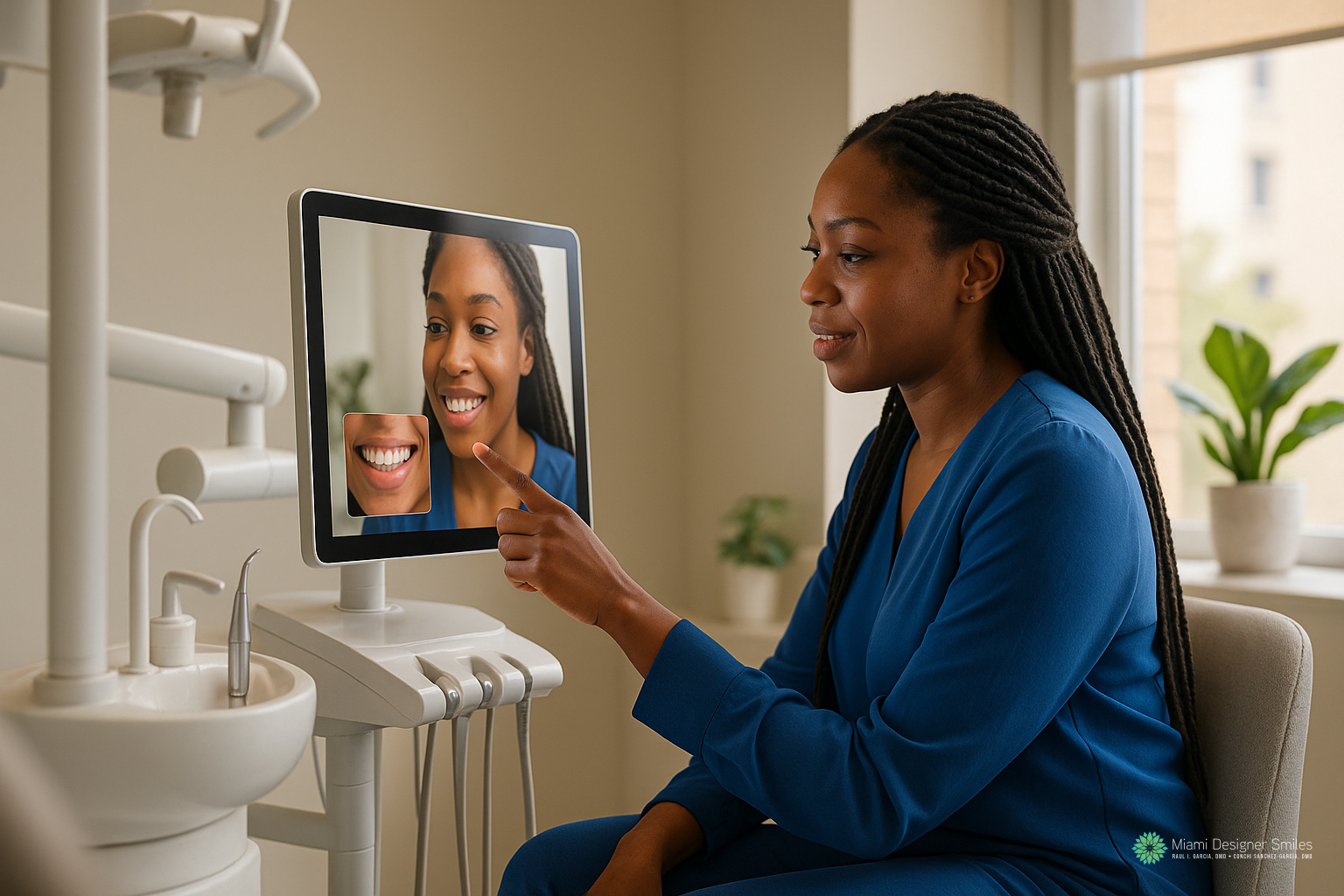 A woman in blue scrubs points to a computer screen displaying a patient’s smile during a smile makeover consultation in a dental office.