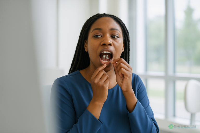 A woman using dental floss on her teeth while looking in a mirror, maintaining oral hygiene as part of her MARPE technique for jaw expansion routine.