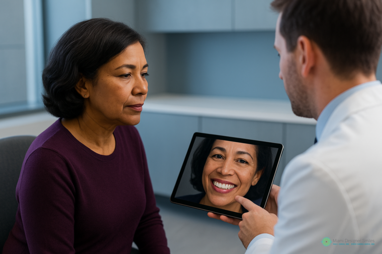A dentist showing a female patient a digital image of her smile during a smile makeover consultation on a tablet.