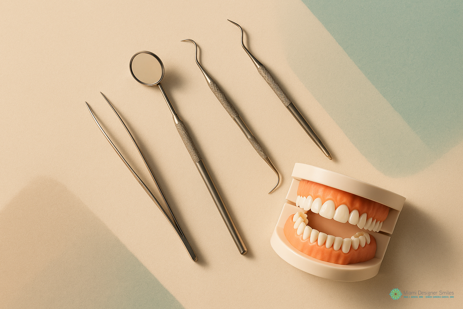 Dental tools and a model of human teeth for a smile makeover consultation on a tan background.